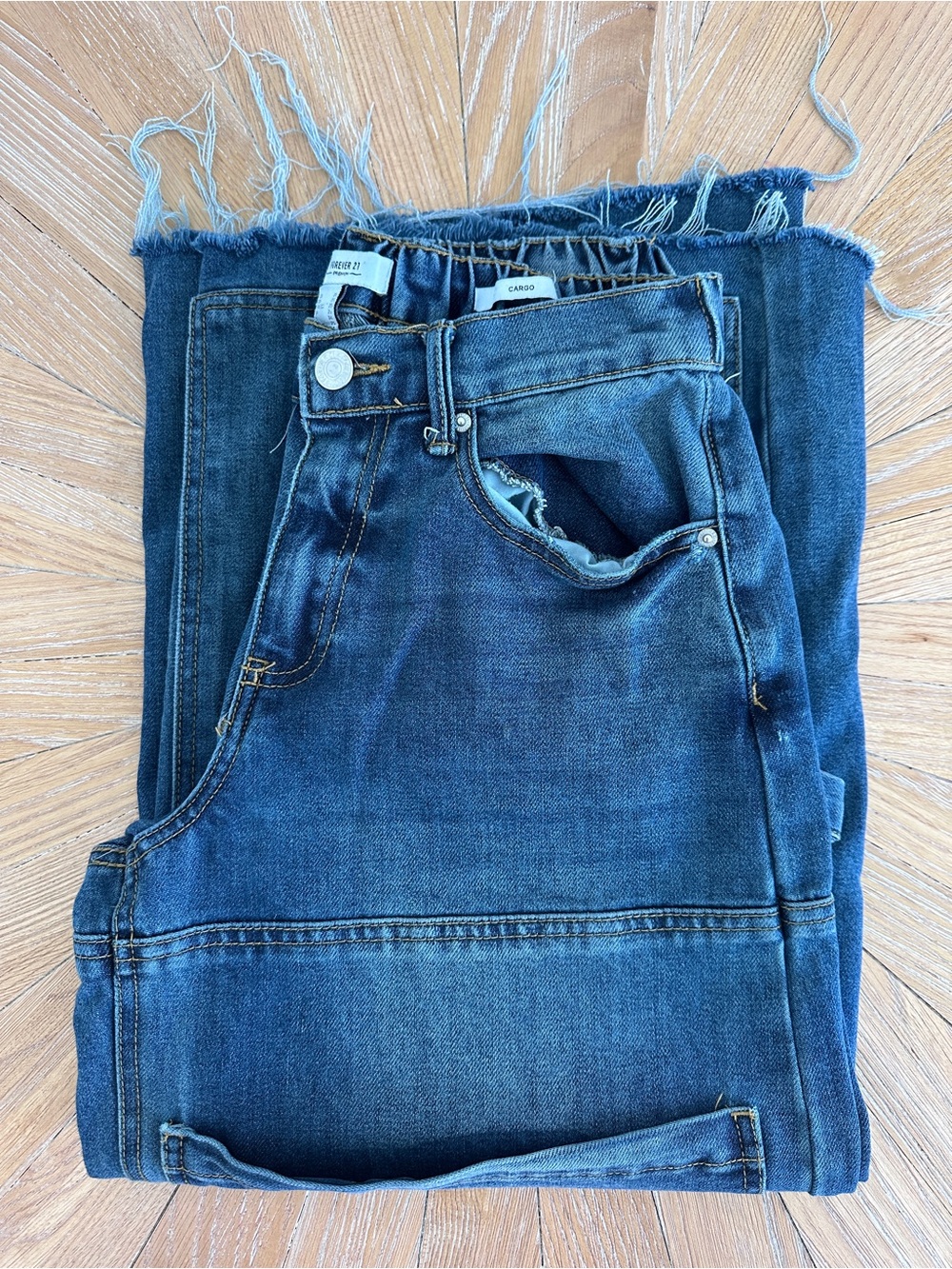 Forever 21 Dark Blue Wide-Leg Cropped Carpenter Jeans